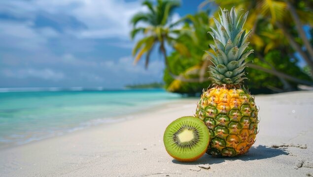 Pineapple and Kiwi on a Tropical Beach