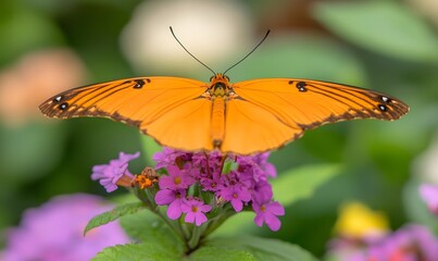 Obraz premium vibrant orange butterfly perched on a colorful flower ,Generative AI