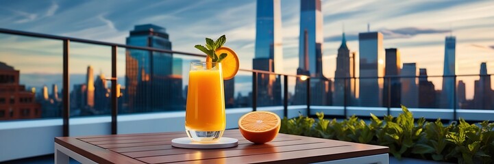 Rooftop restaurant during a lively evening celebration. cocktails, rooftop bar colors, sip on savings copy space