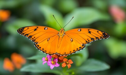 Obraz premium vibrant orange butterfly perched on a colorful flower ,Generative AI