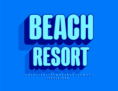 Vector modern sign Beach Resort with Blue 3D Font. Trendy style set of Alphabet Letters and Numbers