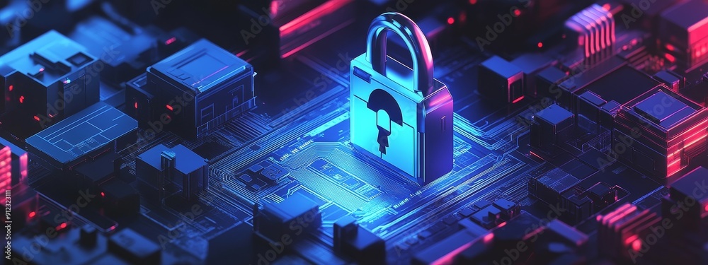 Poster secure connection or cybersecurity service concept of compute motherboard closeup and safety lock wi