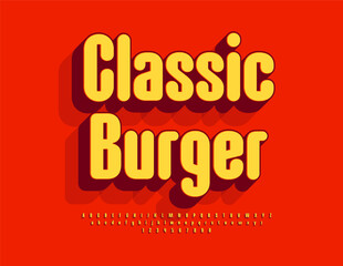 Vector modern advertisement Classic Burger. Bright cool 3D Font. Creative Alphabet Letters and Numbers set.