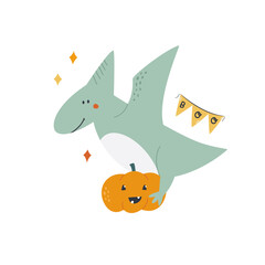 Halloween Pterodactyl Dinosaur Illustration, Spooky Dino with Jack-o-Lantern Pumpkin