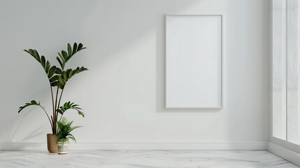 Fototapeta premium A mock-up of a blank poster hanging on a white wall with a small potted plant beside it, ideal for presenting poster or artwork designs. 8k UHD, suitable for high-quality printing or digital 