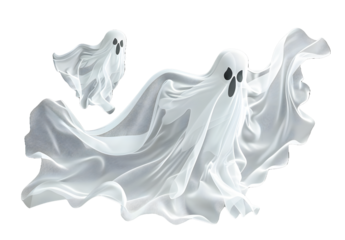 Spooky halloween ghost. Fly phantom spirit with scary face. Ghostly apparition in white fabric vector illustration set