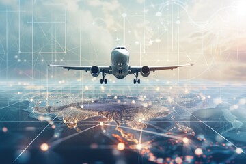 Airplane flying over a cityscape with digital network overlay and futuristic design elements. Concepts of global connectivity, technology, and modern travel.