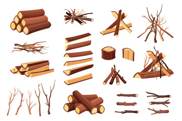 wooden materials set. cartoon wood tree logs collection, different shaped forest nature rural material texture, hardwood logging woodwork. vector cartoon items collection.