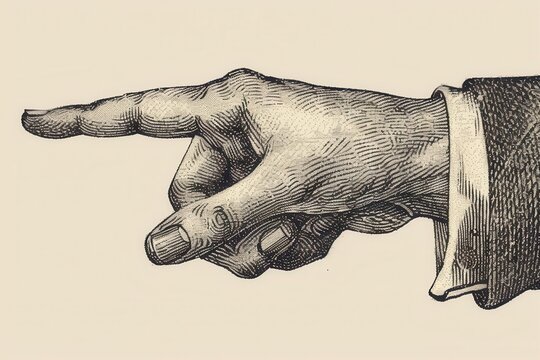 vintage directional gesture engraved illustration of hand pointing wearing formal suit cuff intricate linework mimics woodcut style sepiatoned for aged appearance