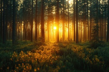 Obraz premium Golden Sunlight Filtering Through Tall Trees in a Dense Forest