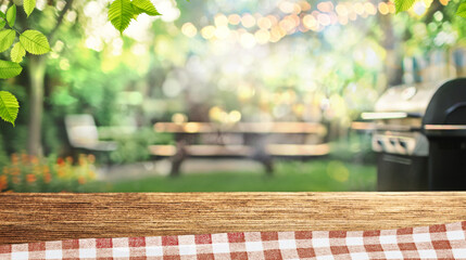 summer time party in backyard garden with grill BBQ, wooden table, blurred background
