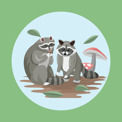 Raccoon Animal Couple Flat Vector Colorful with Nature Background Elements