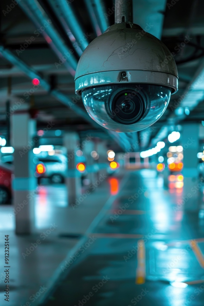 Poster a security camera mounted on the wall of a parking garage, providing an eye view for monitoring vehi