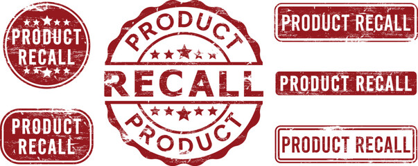 Product recall rubber stamp red design collection, various grunge style shapes