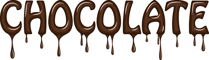 The inscription chocolate with drops.Colored vector illustration with chocolate text and flowing chocolate.