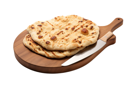 Warm, Golden Naan Bread on a Wooden Cutting Board With a Sharp Knife on a White or Clear Surface PNG Transparent Background