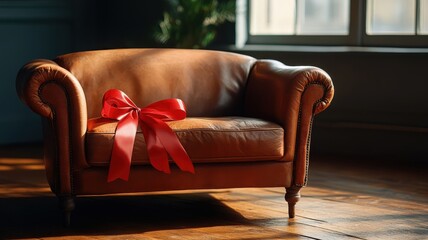 Vintage leather couch wrapped in red satin ribbon, casting long shadows.