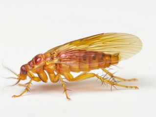 Fototapeta premium macro photography of a small yellow booklouse with translucent wings on a white background.