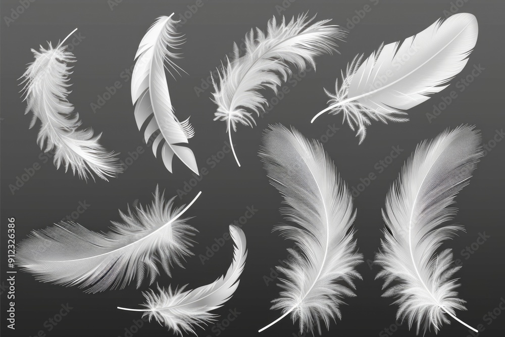 Poster a close-up shot of white feathers arranged on a dark background