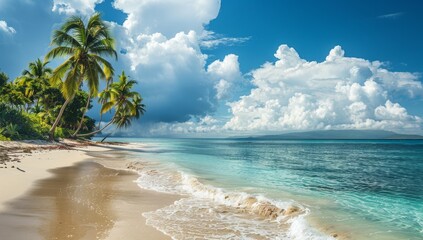 Tropical Beach with Palm Trees and White Clouds