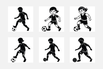 Kids playing football silhouette white background artwork set designs
