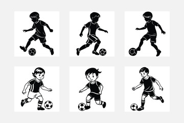 Inspiring kids playing football silhouette white background artwork set
