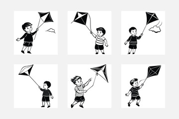 Kite flying little boy flower silhouette white background artwork set

