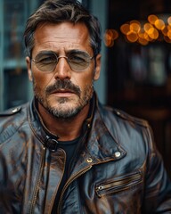 Fototapeta premium Confident Man Wearing Sunglasses in Brown Leather Jacket Outdoors