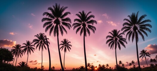Obraz premium Vibrant sunset palm tree silhouette landscape with pink, orange,