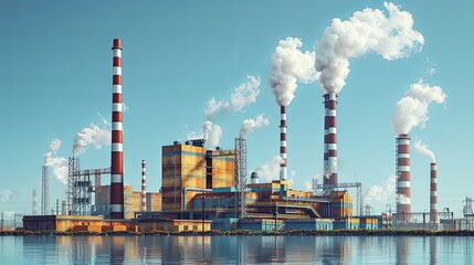 Obraz premium vector, illustration, flat, Factory industry manufactory power electricity buildings flat icons set isolated. Urban factory plant landscape vector illustration