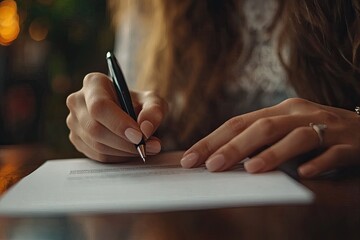 Close up of businesswoman hand signing contract or agreement with pen