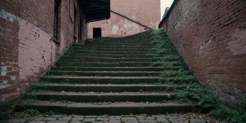 Obraz premium Old red brick stairs with aged appearance, flanked by light pink