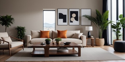 Modern living room with large window, wooden floor, beige sofa,