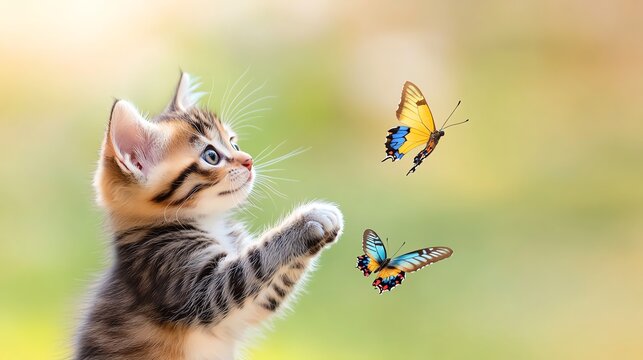 A playful kitten reaching for colorful butterflies in a soft, blurred background, showcasing the beauty of nature and curious wildlife.