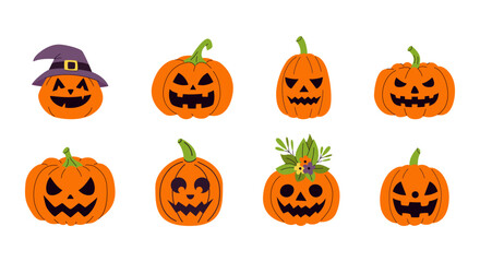 A set of eight Halloween pumpkins with faces and a witch hat