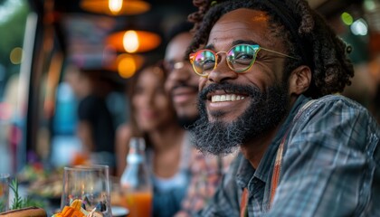 Friends of various ethnic backgrounds enjoying a meal together at a food truck