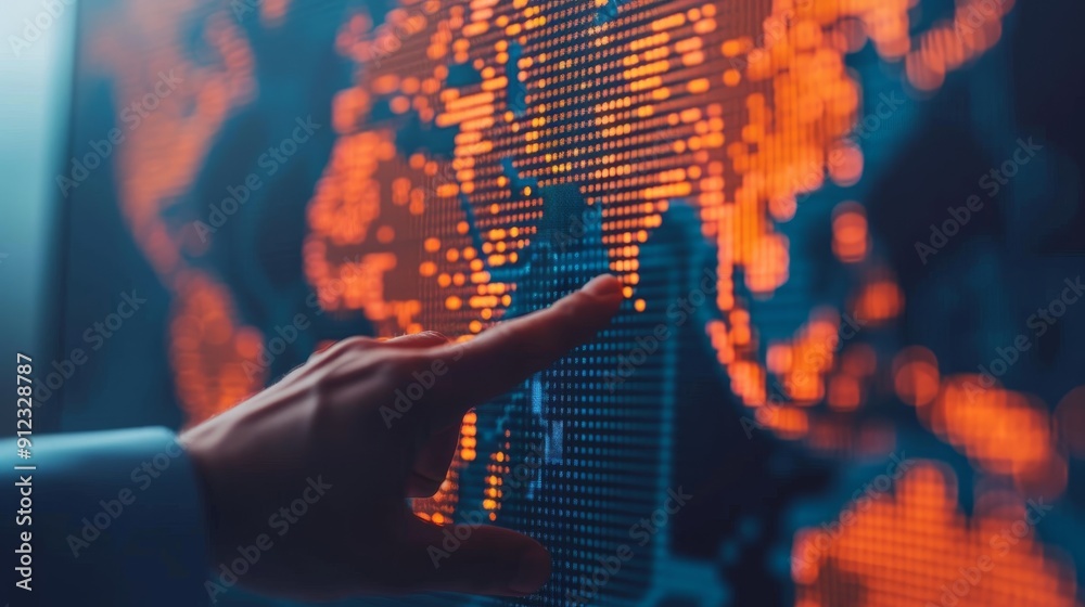 Poster businessperson analyzing global data on interactive world map display