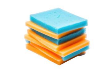 A Stack of Blue And Orange Sponges Ready For Cleaning on a White or Clear Surface PNG Transparent Background