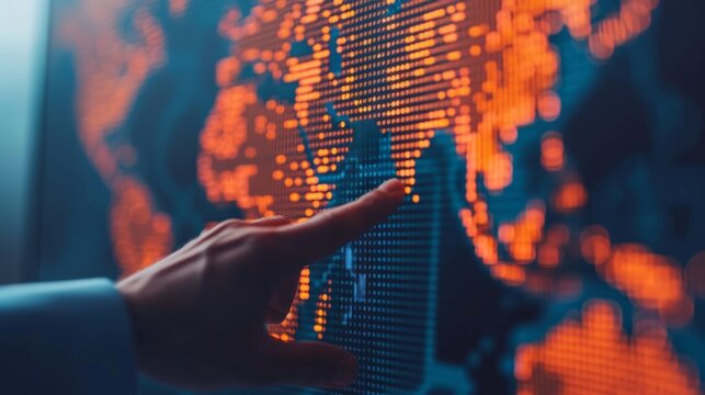 businessperson analyzing global data on interactive world map display