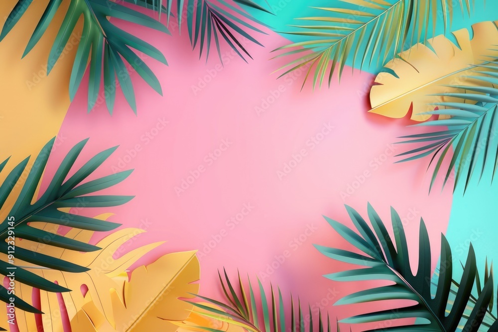 Poster a beautiful arrangement of tropical leaves against a soft, pale background, ideal for use as a decor