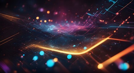 Obraz premium A colorful, abstract image of a cityscape with bright lights and glowing dots