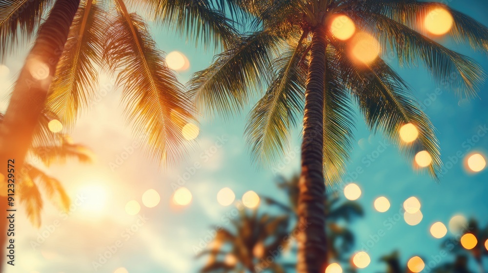 Wall mural a tropical scene with a palm tree in the foreground and a bright blue sky. the palm tree is lit up w