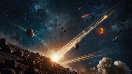 Obraz premium Planetary Horizon with Asteroids, Space Illustration..