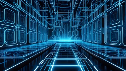 Fototapeta premium A futuristic room with blue walls and blue lights