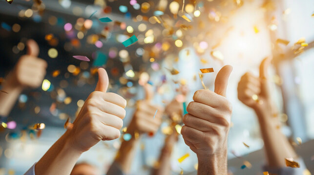 Celebration of Success, Enthusiastic hands giving thumbs up, surrounded by colorful confetti, capturing an atmosphere of joy and achievement during a festive event.