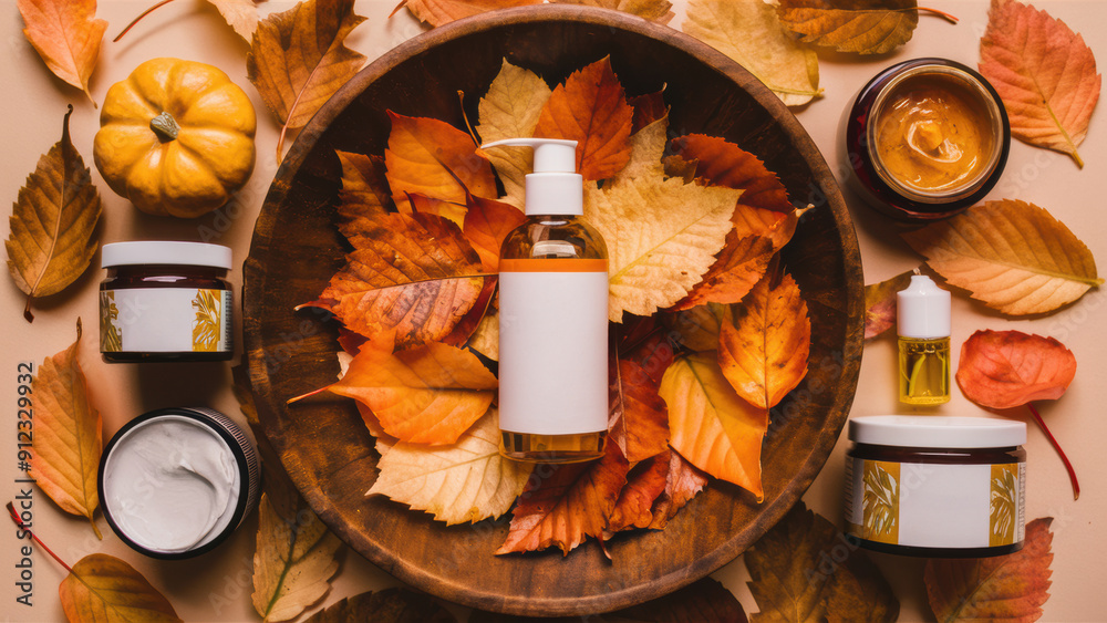 Wall mural A bowl of leaves with a bottle and cream on top, AI