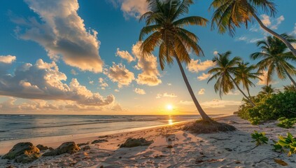 Fototapeta premium Palm Trees and Golden Sunset on a Tropical Beach