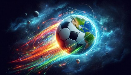 Fototapeta premium a soccer ball in the shape of the earth flies through space