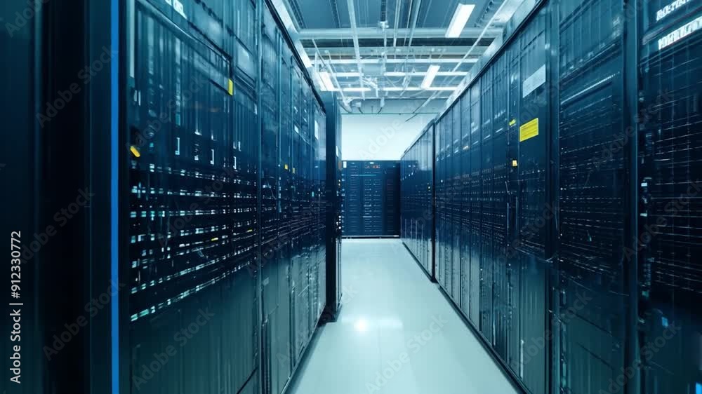 Poster rows of powerful server racks line the corridor of a cutting-edge data center, demonstrating advance