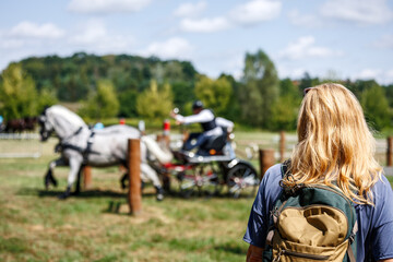 Woman spectator watching horse driving trials competition. Two white horses pulling carriage in...